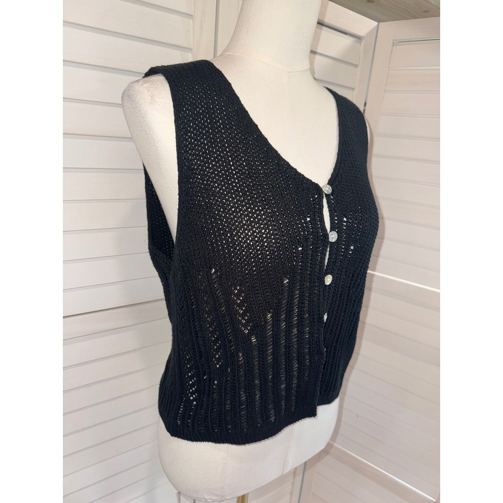 Very J Crochet Knit Vest Women Black Pointelle Button Front Boho Small - Picture 3 of 6